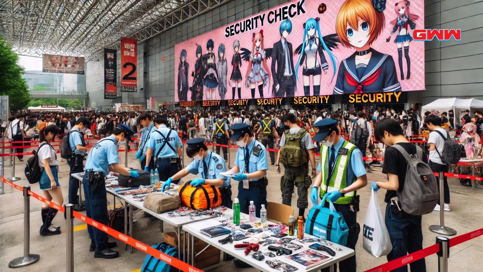 Anime Expo security checkpoint, attendees in cosplay, detailed bag inspections