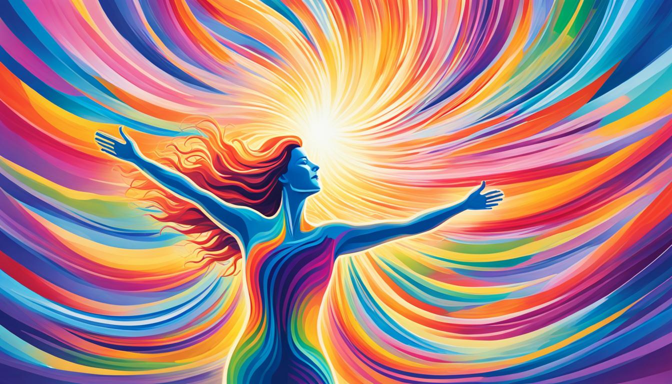 An image of a vibrant and energetic aura emanating from a person's body, with colorful waves representing the positive energy that surrounds them. The background should be a bright and joyous scene, such as a sunset over the ocean or a field of wildflowers, to further enhance the uplifting vibe. The figure should be standing with their arms outstretched, embracing the abundance and positive energy that the universe provides.