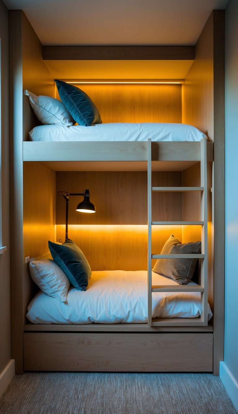 A cozy reading corner with bunks, soft pillows, and warm lighting creates a comfortable and inviting space for relaxation and quiet enjoyment