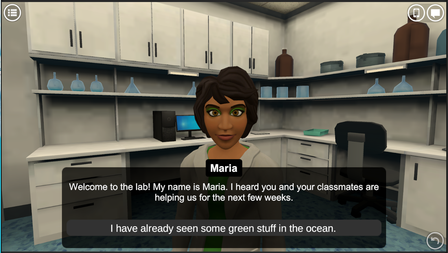 An image of a narrative-centered learning game where a character, named Maria, is talking to the person participating