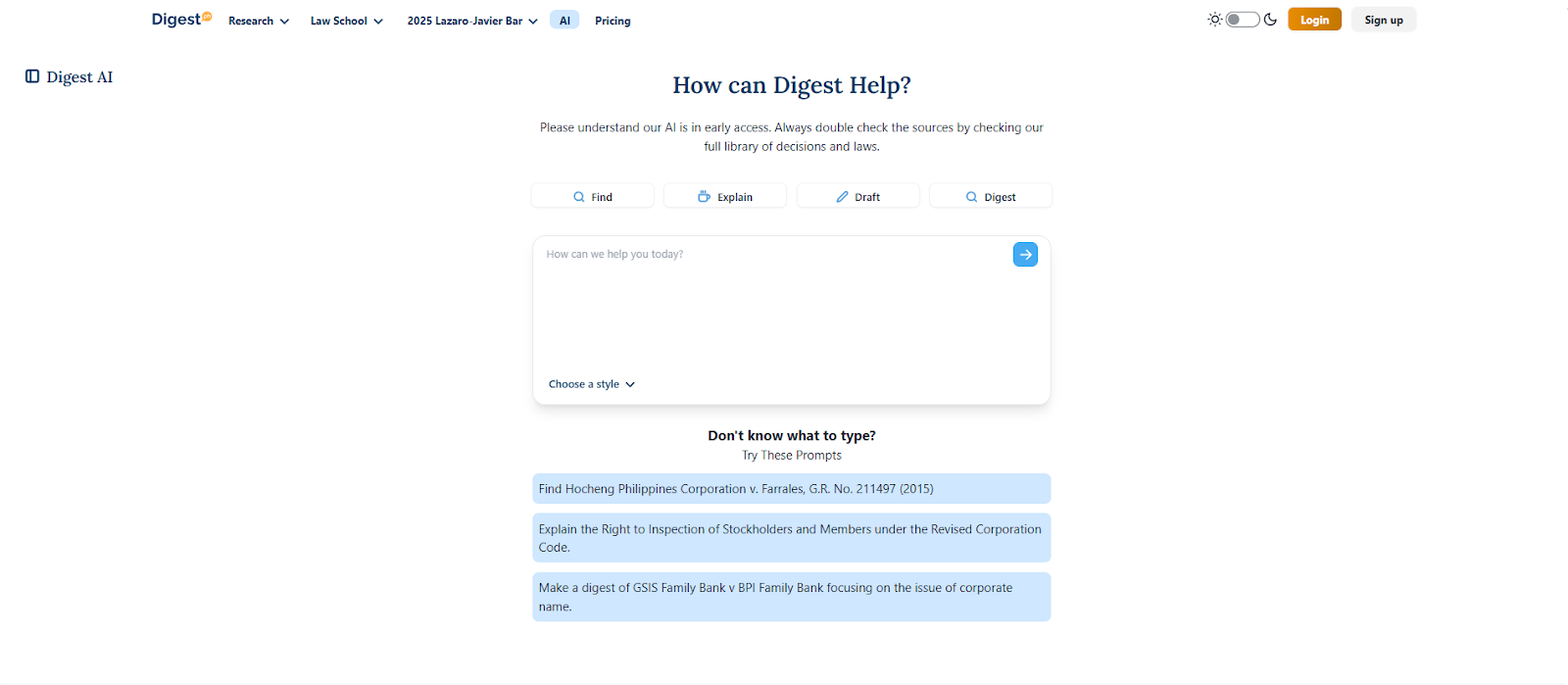 Screenshot of Digest AI's landing page answering legal questions.