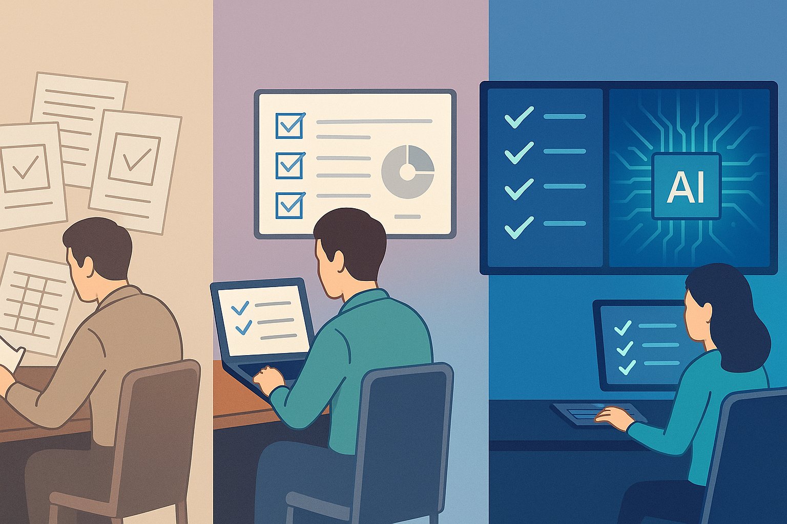Visual progression showing the evolution of test case management from manual documentation to AI-assisted predictive testing frameworks.