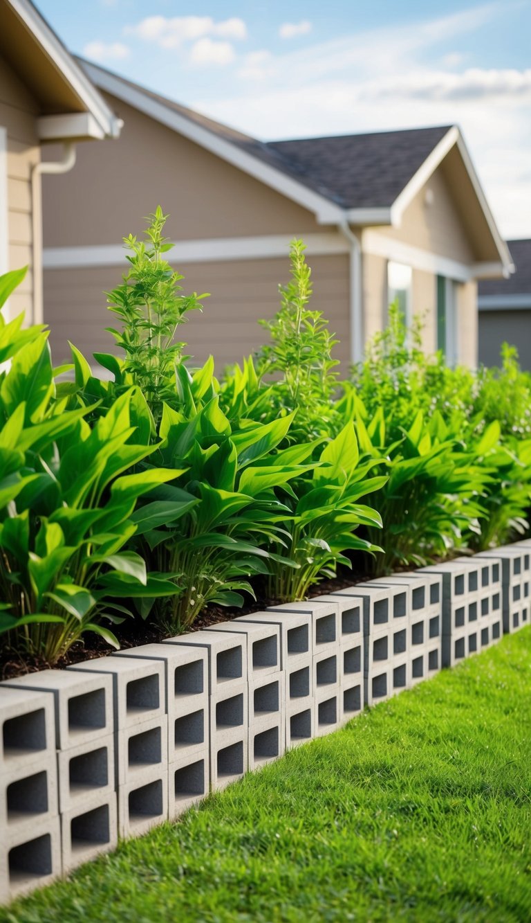 A row of hollow blocks filled with lush green plants creates a natural privacy barrier between two houses. The landscaping idea provides a visually appealing and functional solution for maintaining privacy