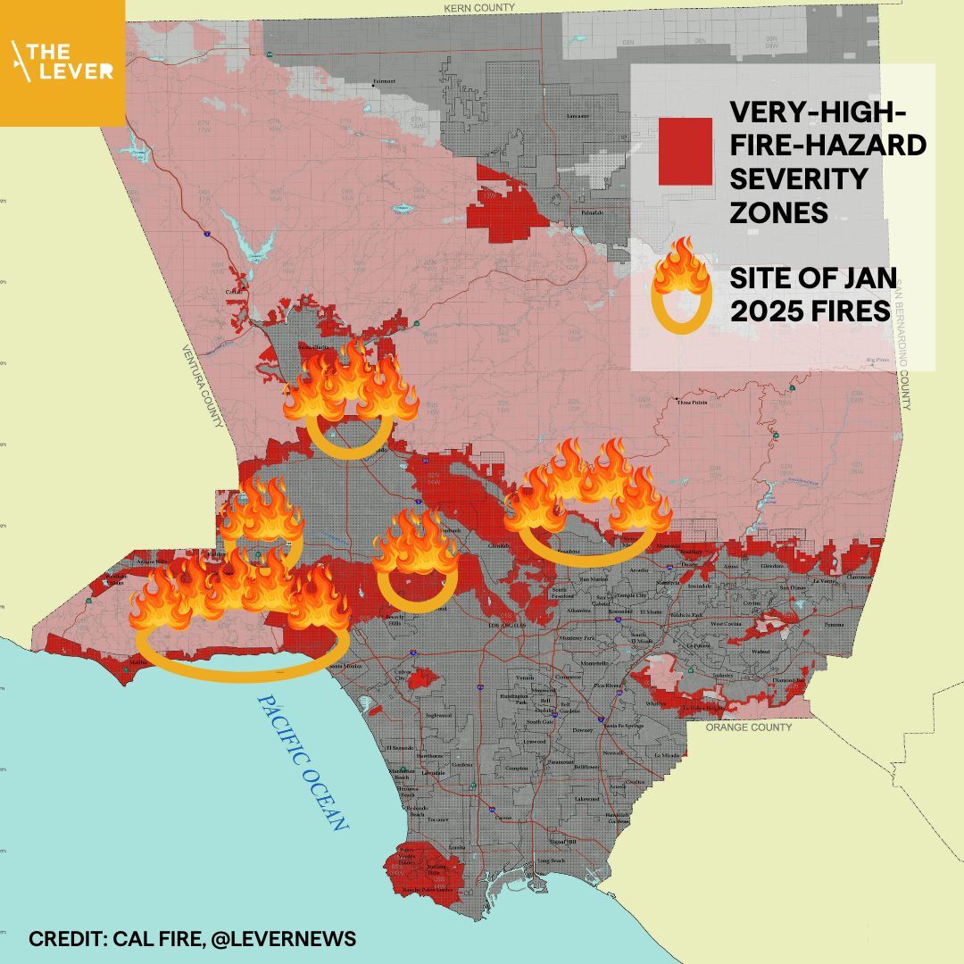 A map showing very-high-risk wildfire zones around Los Angeles where policymakers have unsuccessfully pushed to limit development and the locations of the January 2025 fires. (California Department of Forestry and Fire Protection and Veronica Riccobene for The Lever)