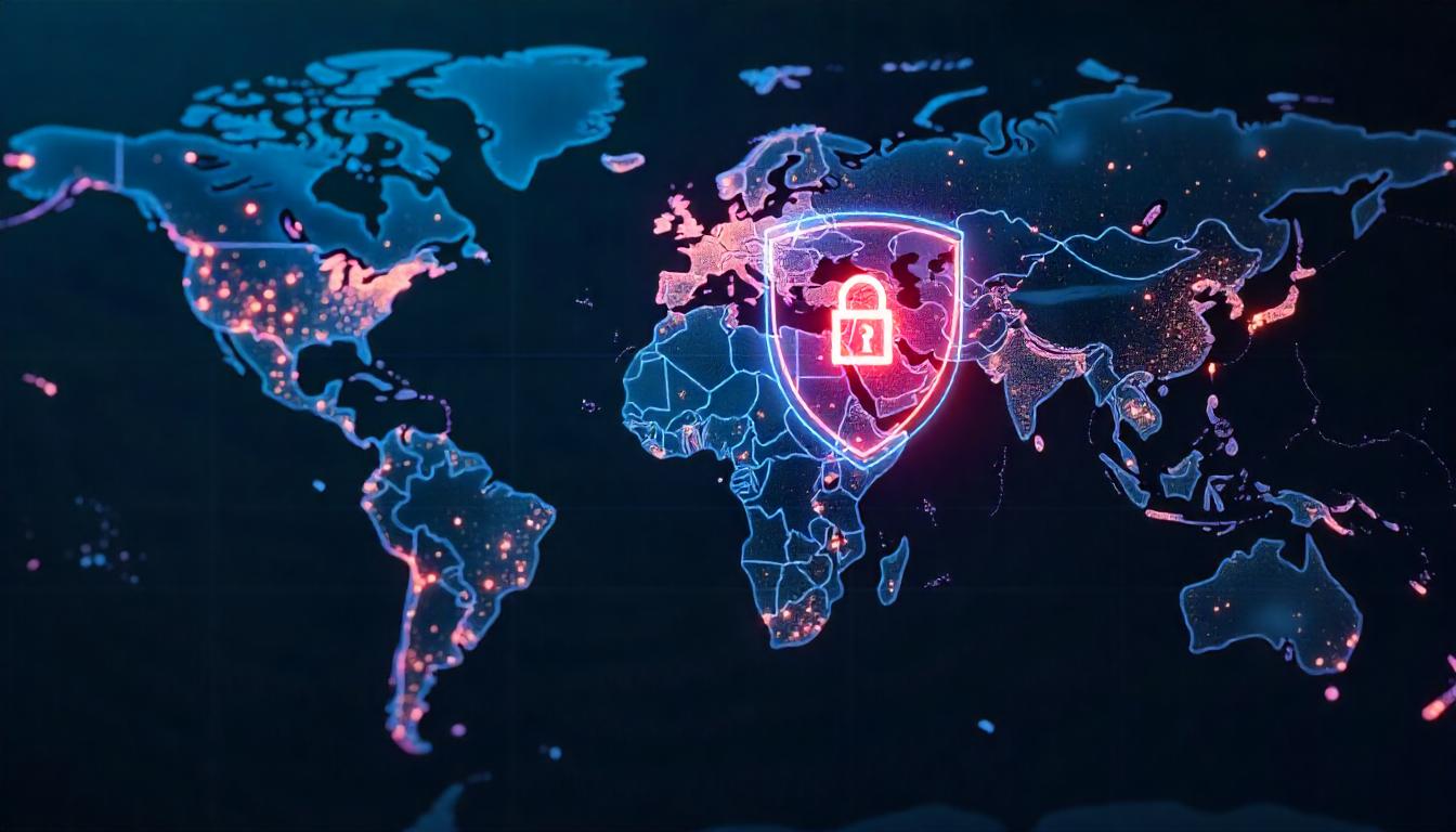 The dynamic, globe-spanning cybersecurity visualization, with the glowing security lock icon at its center, symbolizes the "always-on cybersecurity protection" required to safeguard an organization's digital assets and maintain resilience against threats across international borders and time zones.