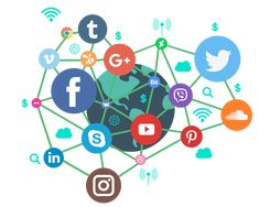 This contain: social media icons are connected to the earth and surrounded by social networking symbols on white background