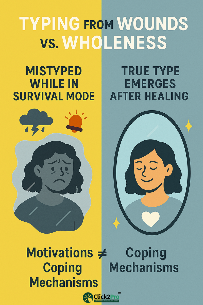 Enneagram mistyping from trauma vs. true type after healing, illustrated by emotional contrast.