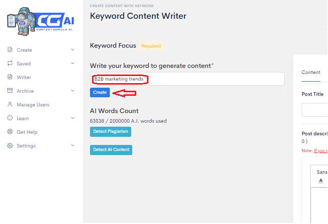 Keyword added in an AI writer