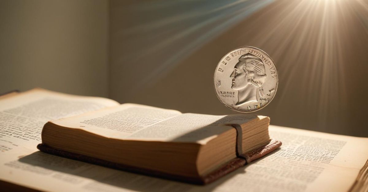 A coin rests on an open book, symbolizing the Biblical Meaning of Finding a Dime and its significance in spiritual reflection.