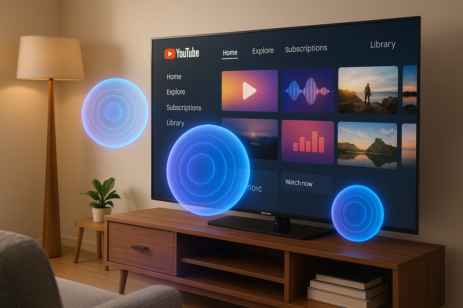 A living room with a Samsung TV displaying a YouTube interface, with floating 3D sound bubbles coming out of the screen toward the viewer.