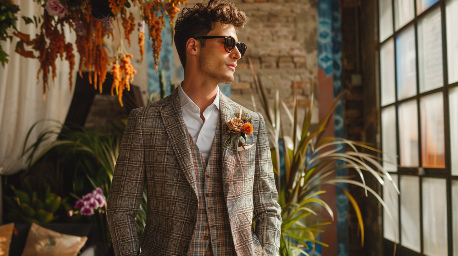 A man wearing a patterned wedding suit with subtle check or pinstripe design, standing confidently at a creative or modern wedding venue. Stylish without overshadowing the groom.