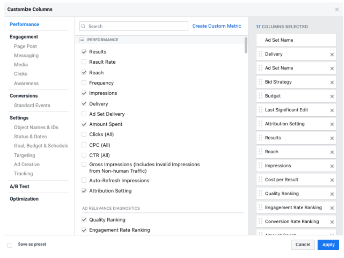 Toggle to “Customize Columns” from your Ads Manager dashboard to pull key metrics that you can monitor for your campaign