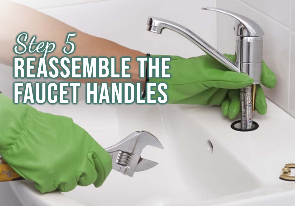 A person in gloves holds a wrench, demonstrating how to fix a leaky bathtub faucet with two handles at a sink.