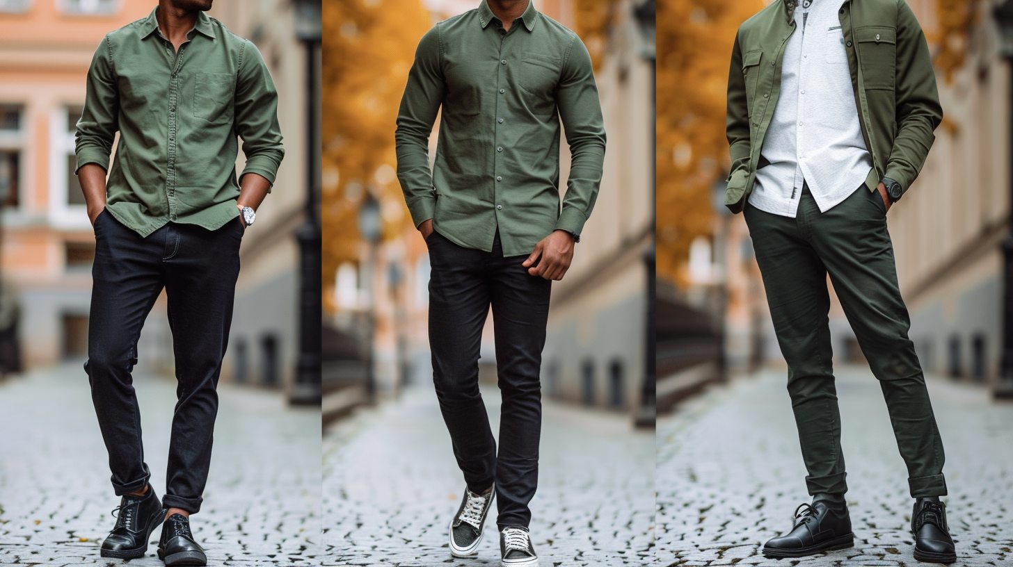 Stylish man wearing a green shirt and black pants in three different settings: (1) dark green shirt with dress shoes for a business-casual look, (2) olive green shirt with rolled sleeves and sneakers for a casual day out, (3) light green shirt with black trousers and a jacket for an evening event. Focus on outfit details, accessories, and seasonal styling. Clean, modern, versatile fashion