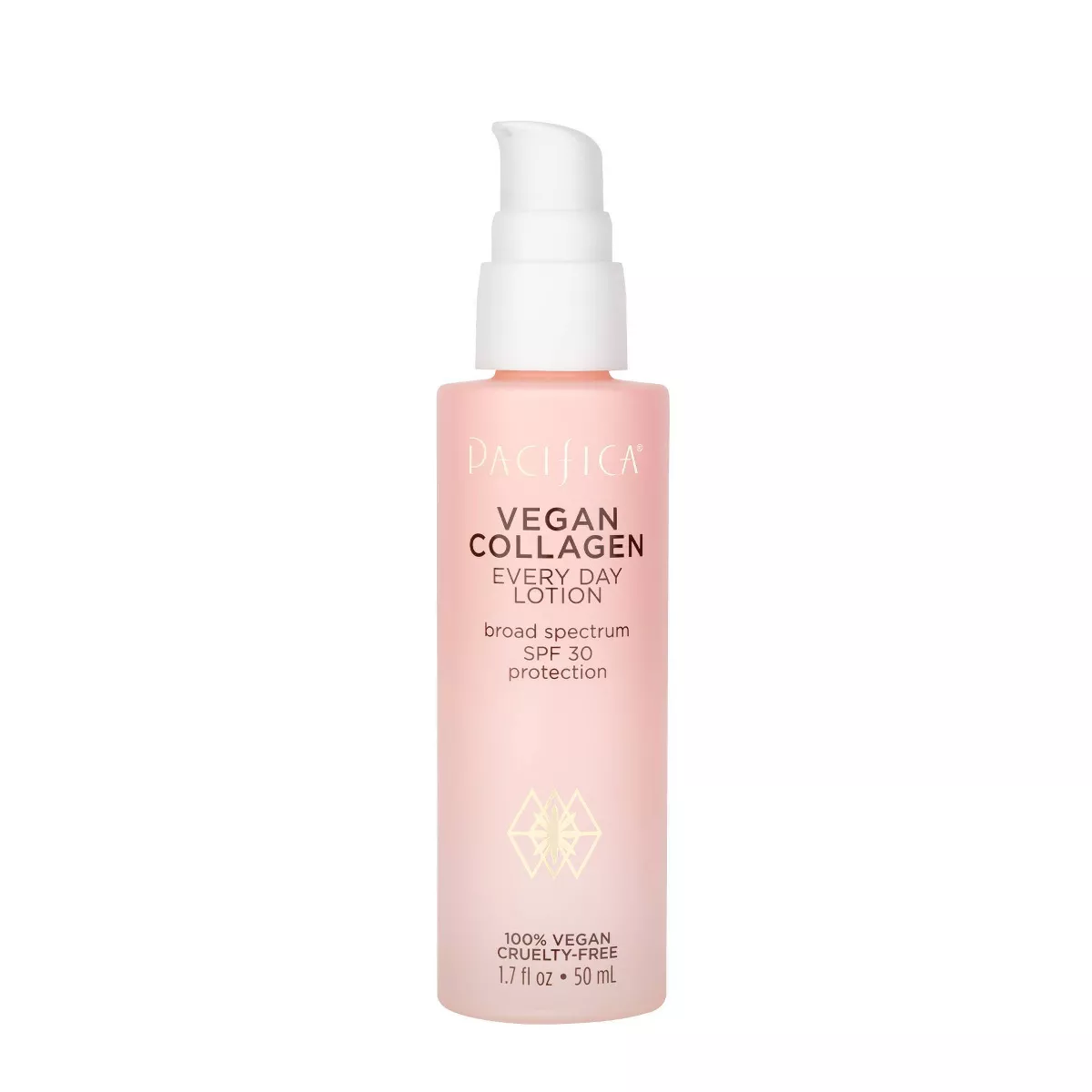 Pacifica Vegan Collagen Every Day Lotion in an eco-friendly glass bottle, cruelty-free and vegan, enriched with collagen and SPF 30 for daily hydration and sun protection.