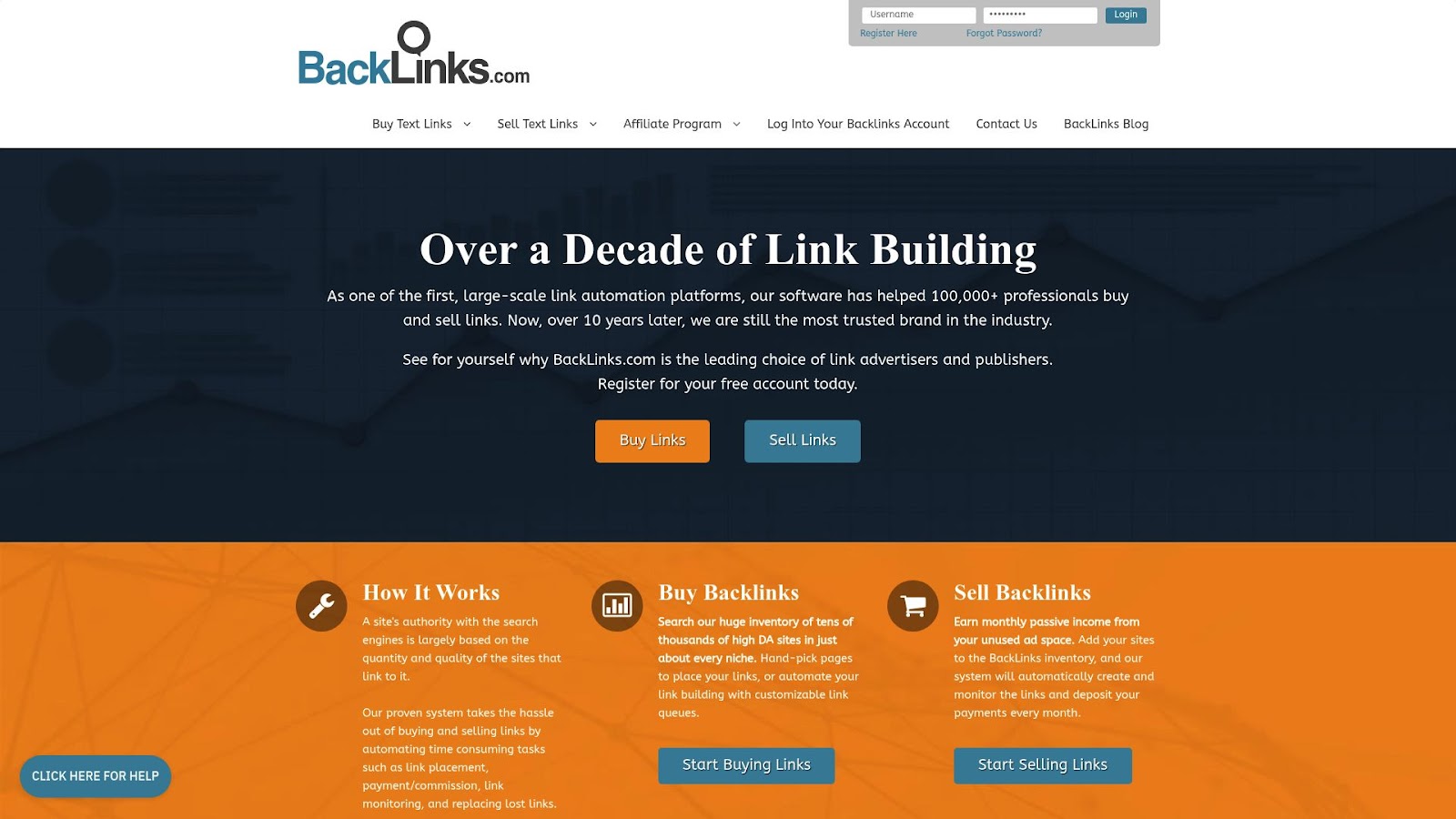 Screenshot of Backlinks.com homepage