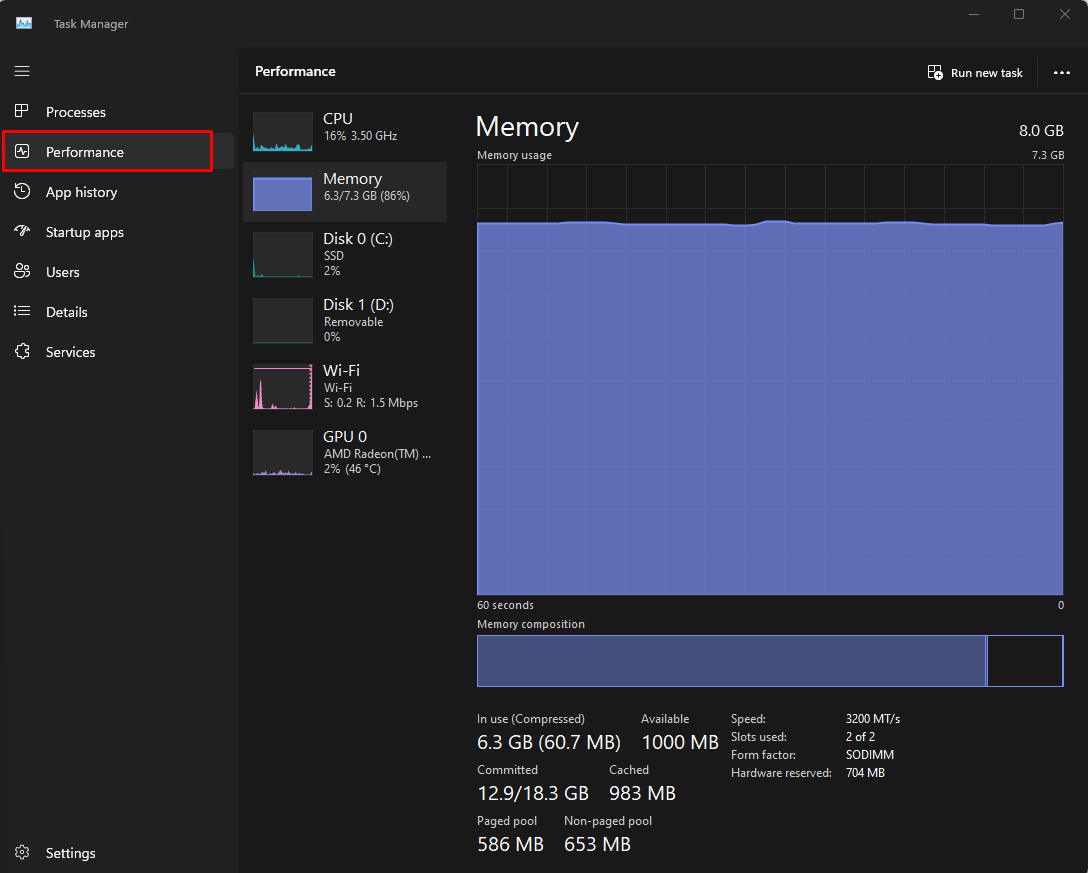 Chọn thẻ “Performance” trong Task Manager