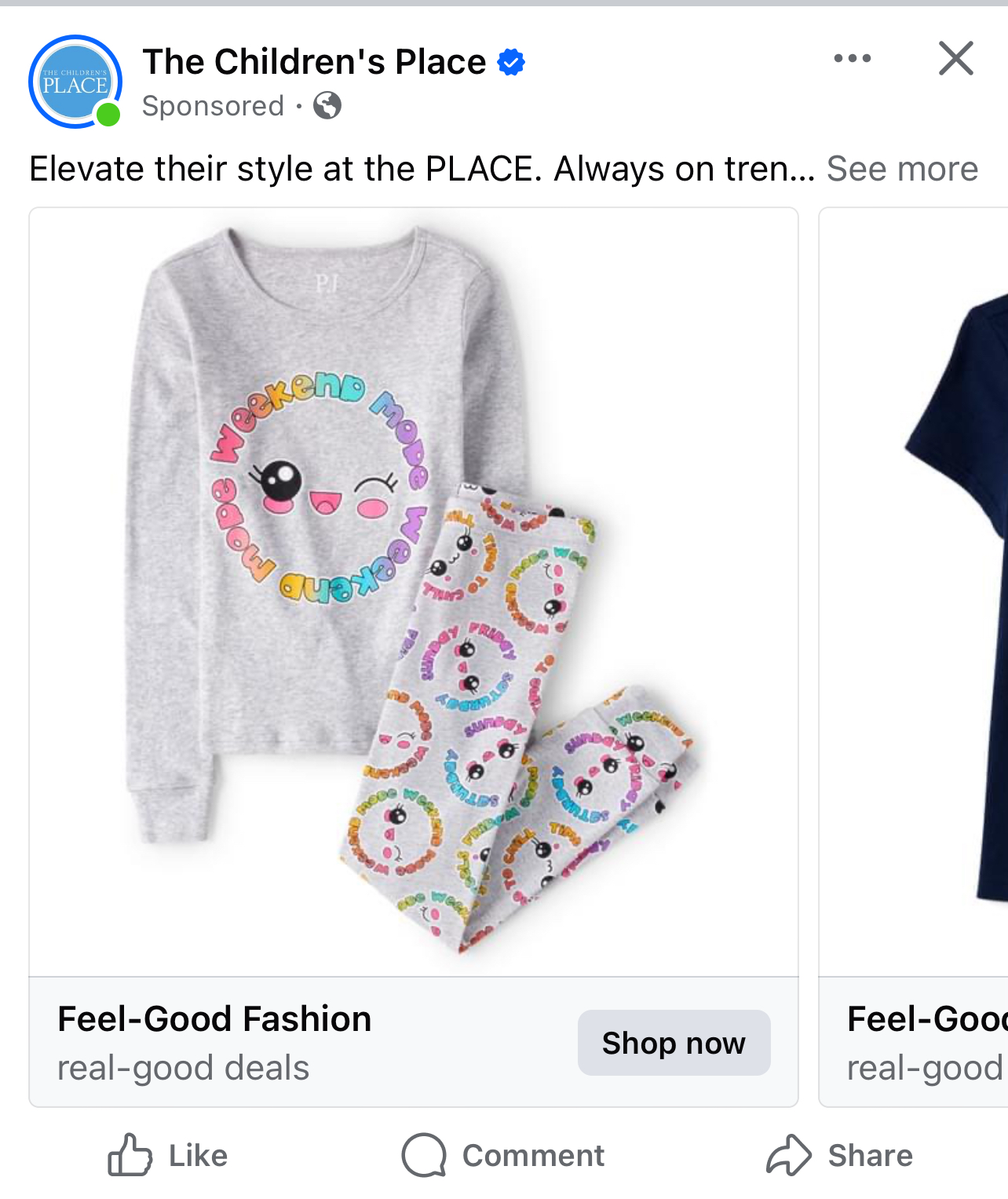 Screenshot of dynamic Facebook ad from The Children's Place