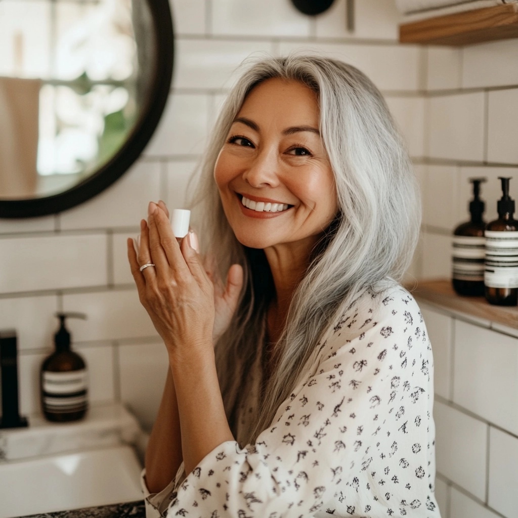 Mature asian woman smiling at the camera showing off her clear, clean skin