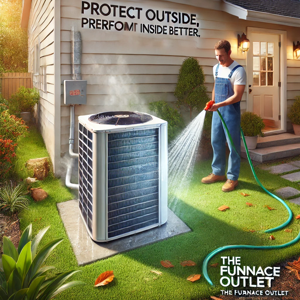 Person cleaning leaves from a ductless mini-split outdoor condenser unit with a hose