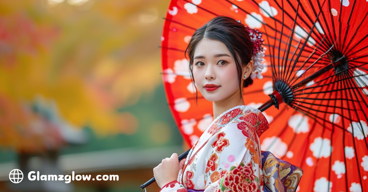 A young woman dressed in a traditional Japanese kimono, standing outdoors with a vibrant red parasol decorated with white patterns. The kimono features intricate floral designs in shades of red and pink. Her hair is elegantly styled, adorned with floral hairpins. The background is blurred, showcasing autumnal colors of yellow and orange, adding warmth to the scene. The image also includes the text 'Glamzglow.com' in the bottom left corner.