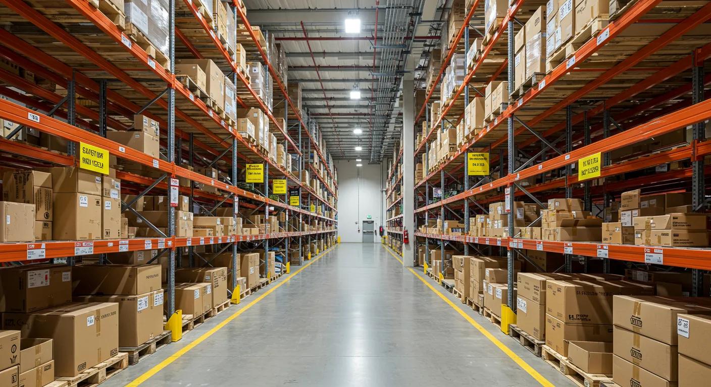 a robust warehouse interior showcases penco shelving units meticulously arranged, highlighting their engineered stability and integrated safety features, with clear safety signage and organized aisles ensuring a secure and compliant work environment.