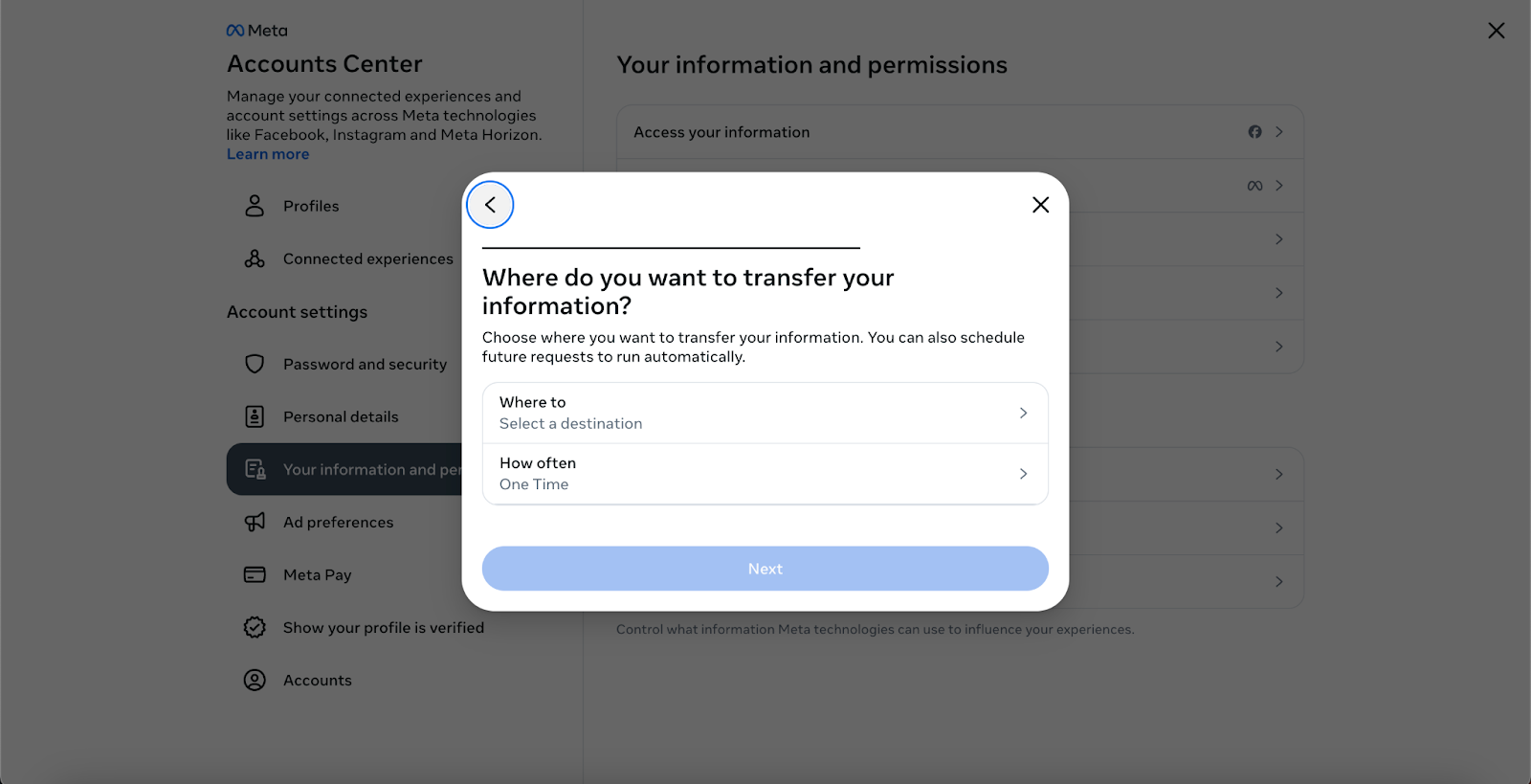 A modal window titled "Where do you want to transfer your information?" with options for "Where to" and "How often."