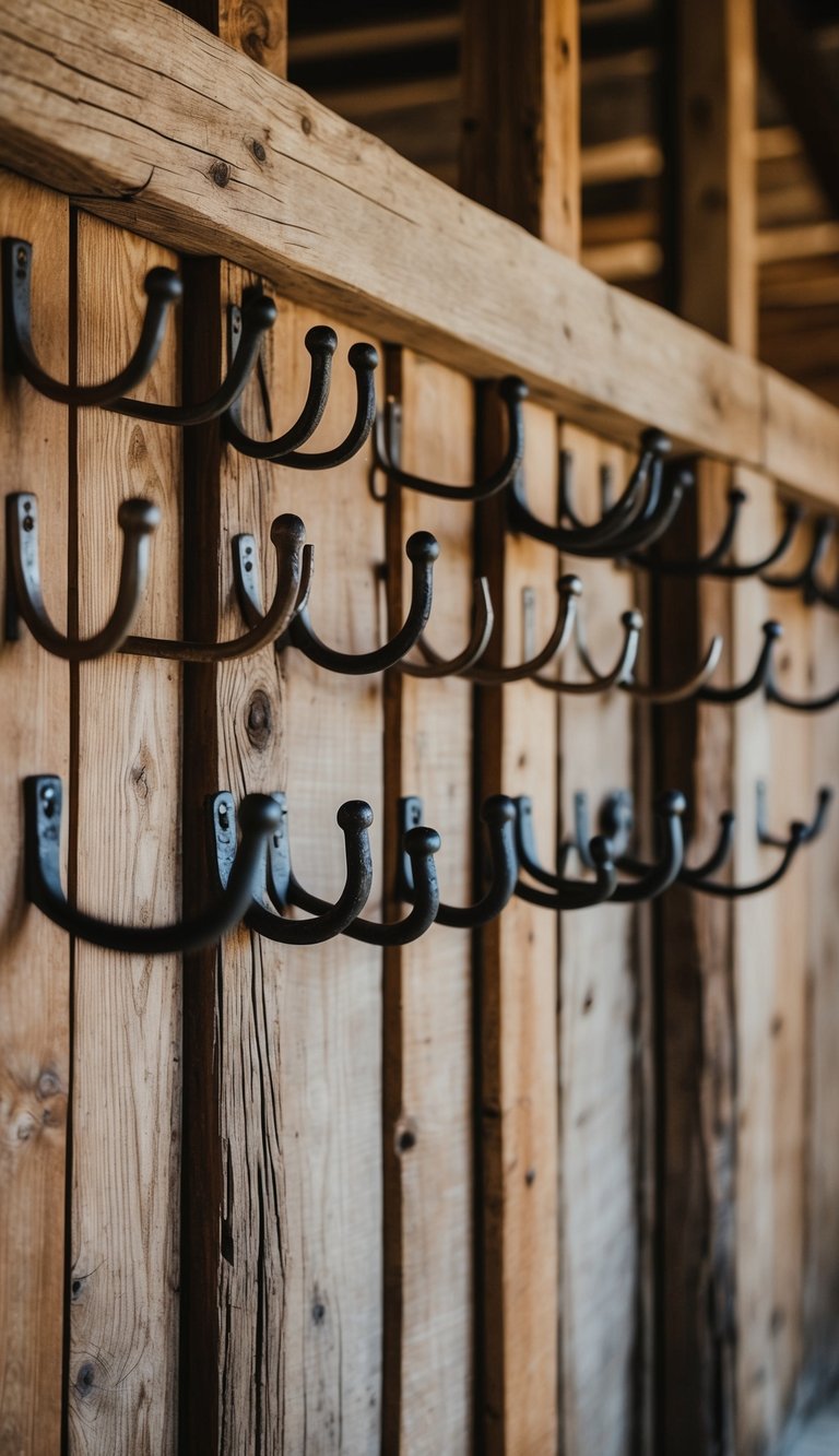 A rustic barnhouse interior with 31 different cast iron hooks displayed on the wall as decorative elements