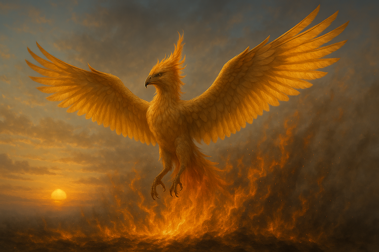 Phönix mit flammendem Gefieder vor filmischem Sonnenuntergang