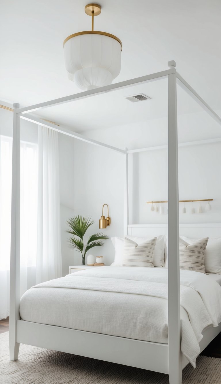 A white canopy bed in a serene white bedroom with minimalistic decor and soft lighting