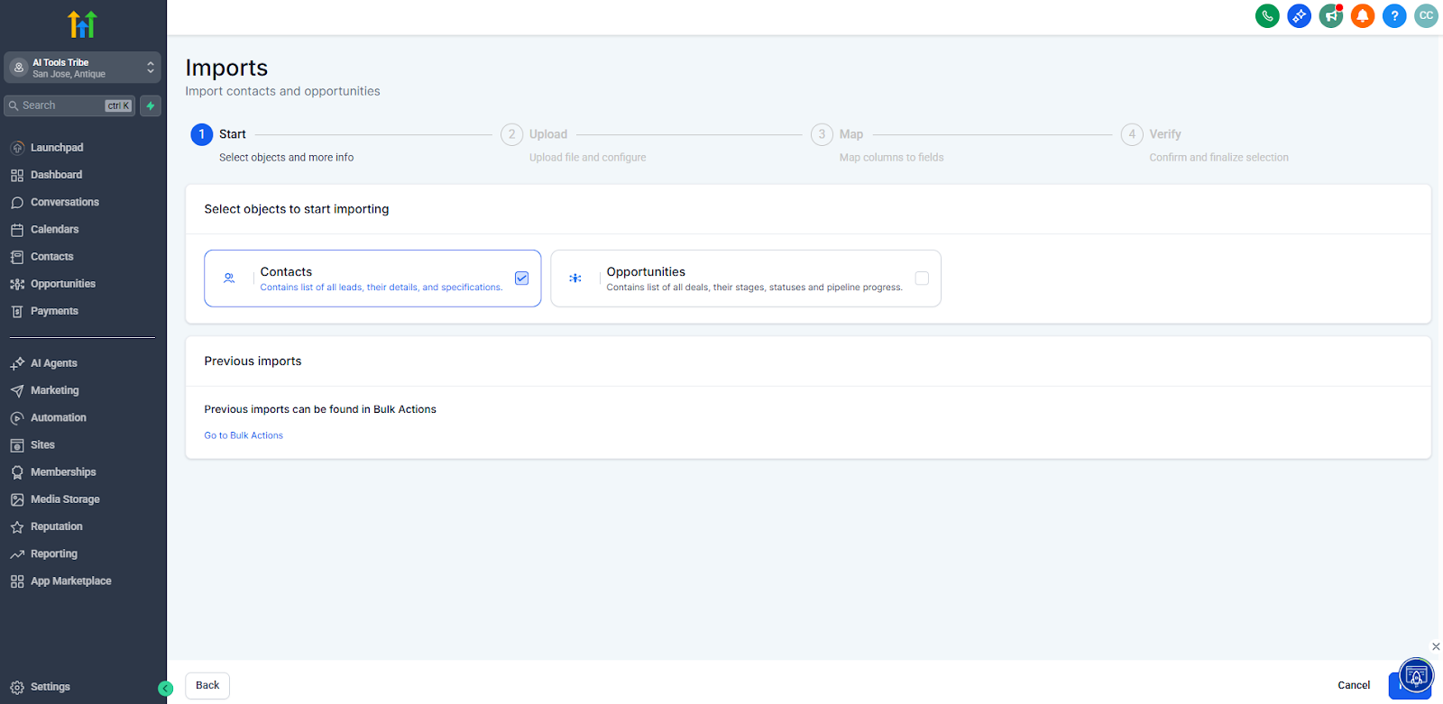 GoHighLevel import screen showing the first step of importing contacts or opportunities into the CRM system.