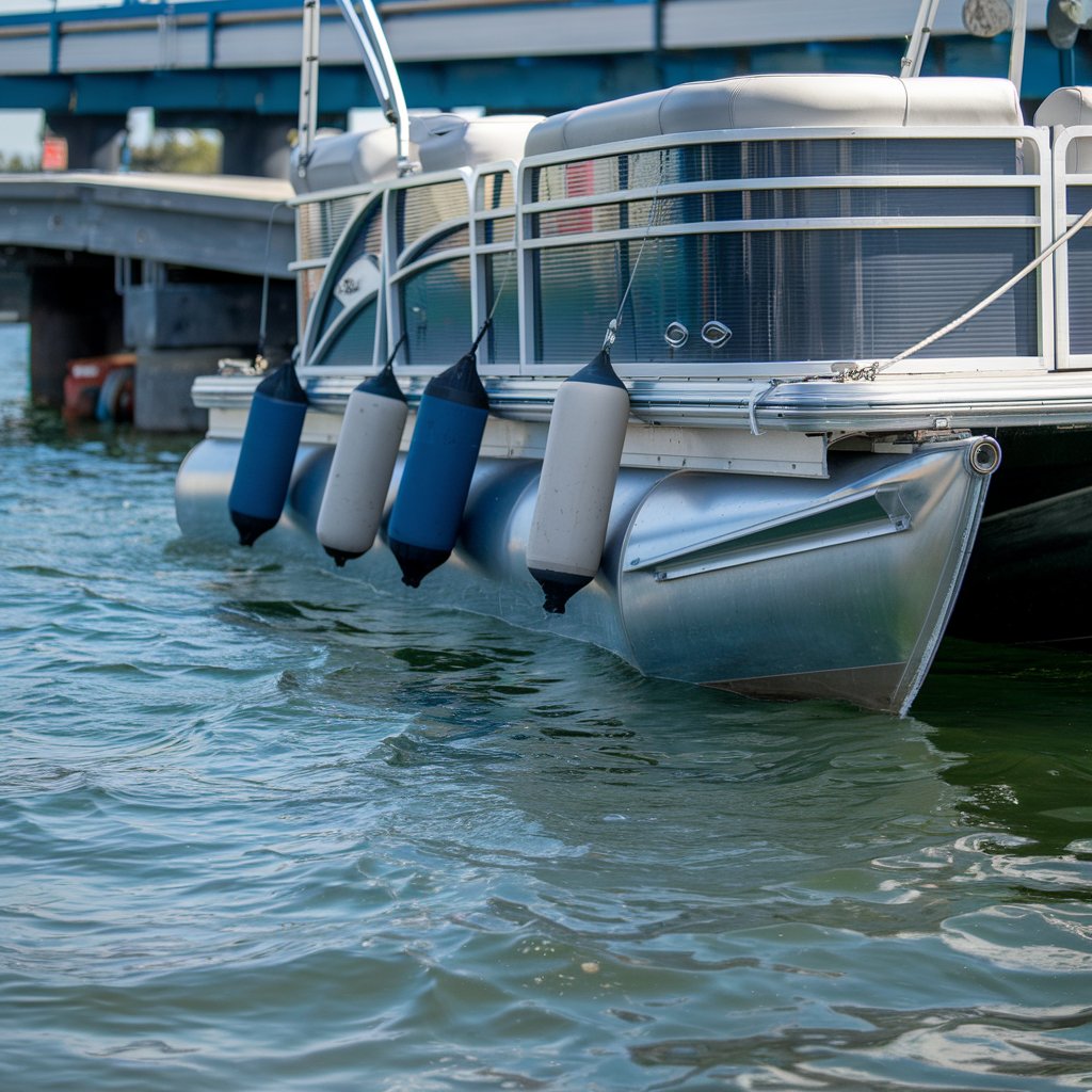 Pontoon boat equipped with blue and white fenders