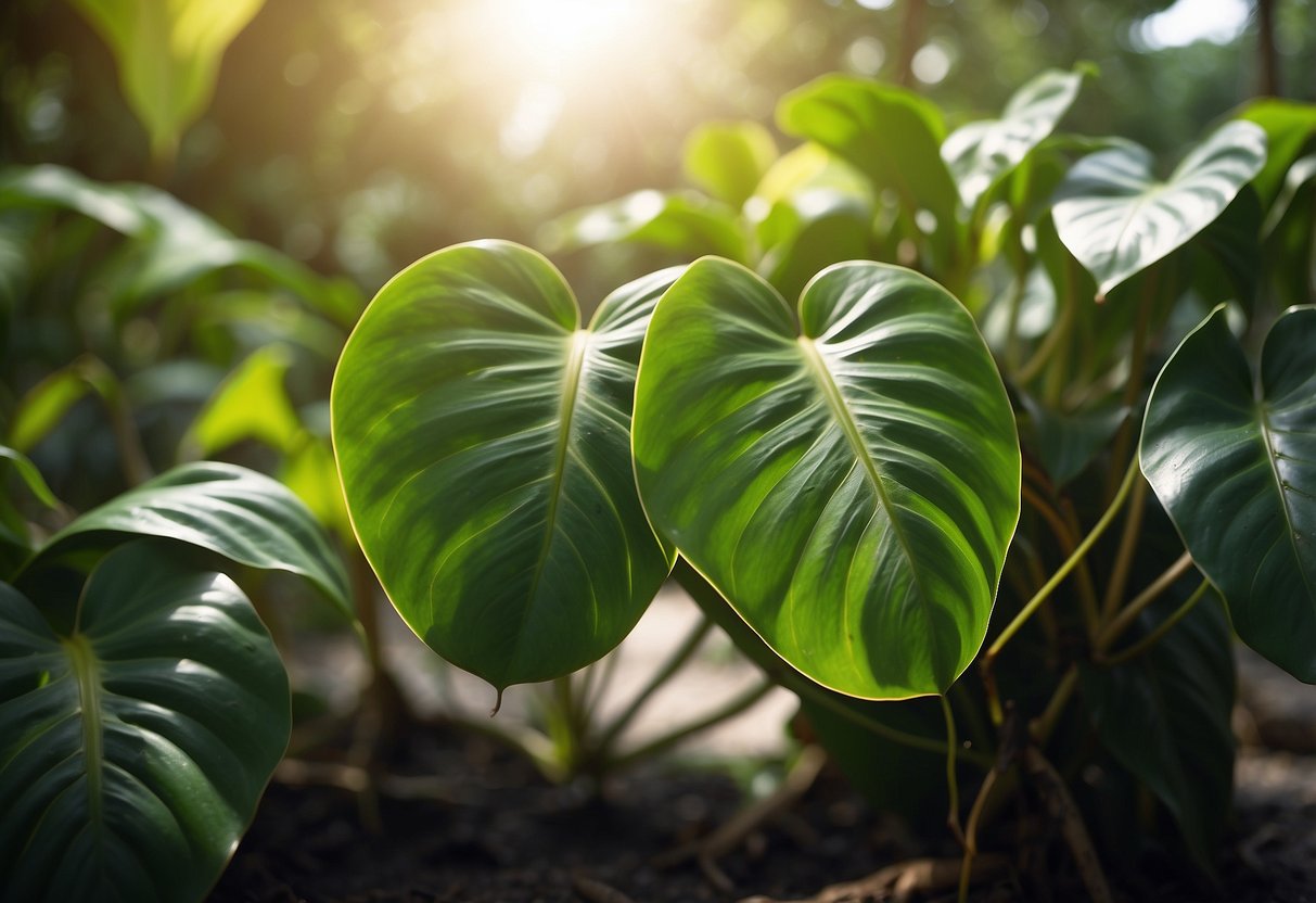 Two Philodendron plants side by side, Mayoi with heart-shaped leaves and Tahiti with elongated ones. Both receiving equal sunlight and water