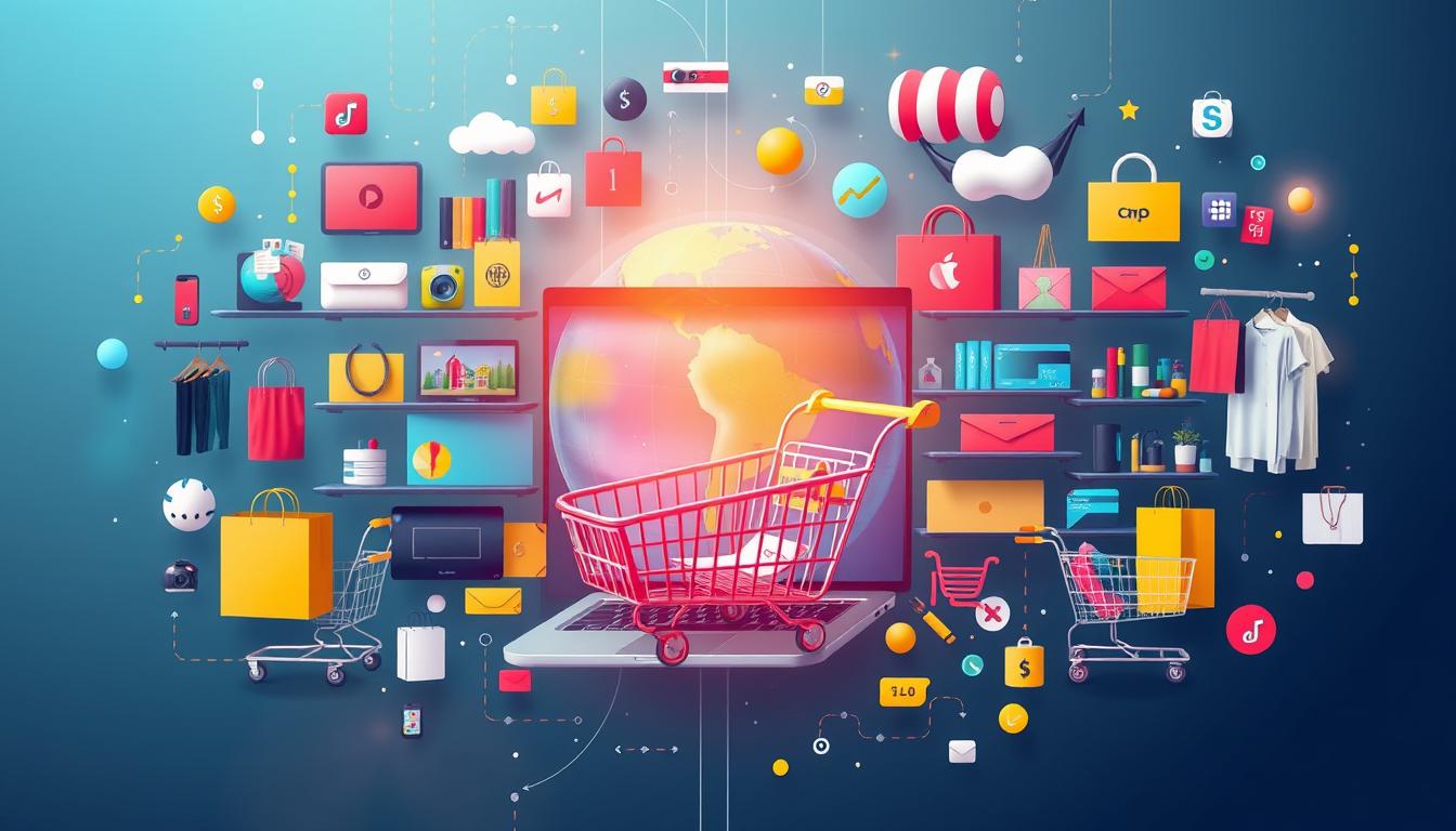 Una representación abstracta del comercio electrónico, que muestra un mercado digital lleno de productos diversos como electrónica, ropa y artículos para el hogar. Incluya elementos simbólicos como carritos de compras, tarjetas de crédito y un globo terráqueo para representar las transacciones en línea y el alcance global. Utilice colores vibrantes y un diseño moderno para transmitir la naturaleza dinámica de las compras en línea.