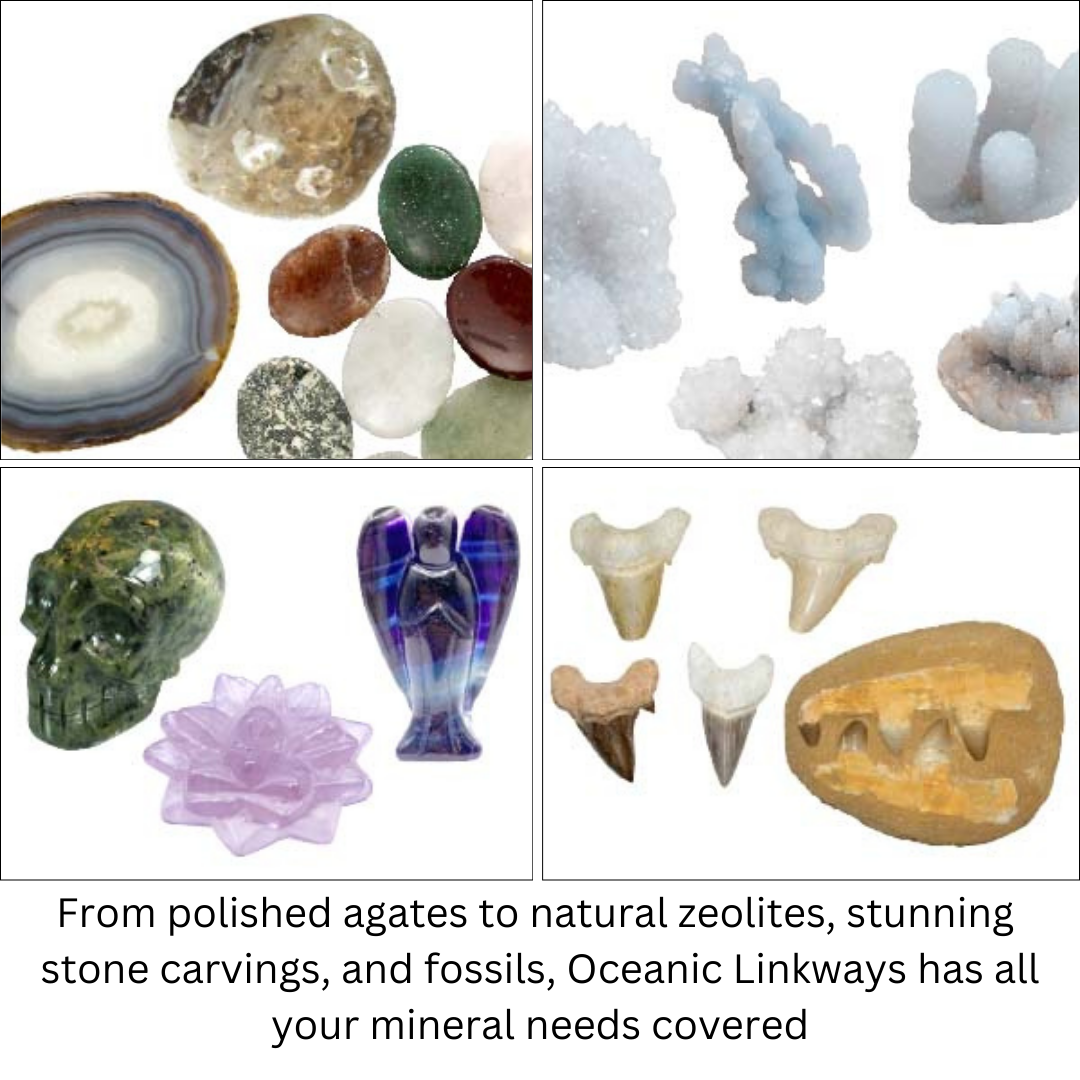 From polished agates to natural zeolites, stunning  stone carvings, and fossils, Oceanic Linkways has all your mineral needs covered