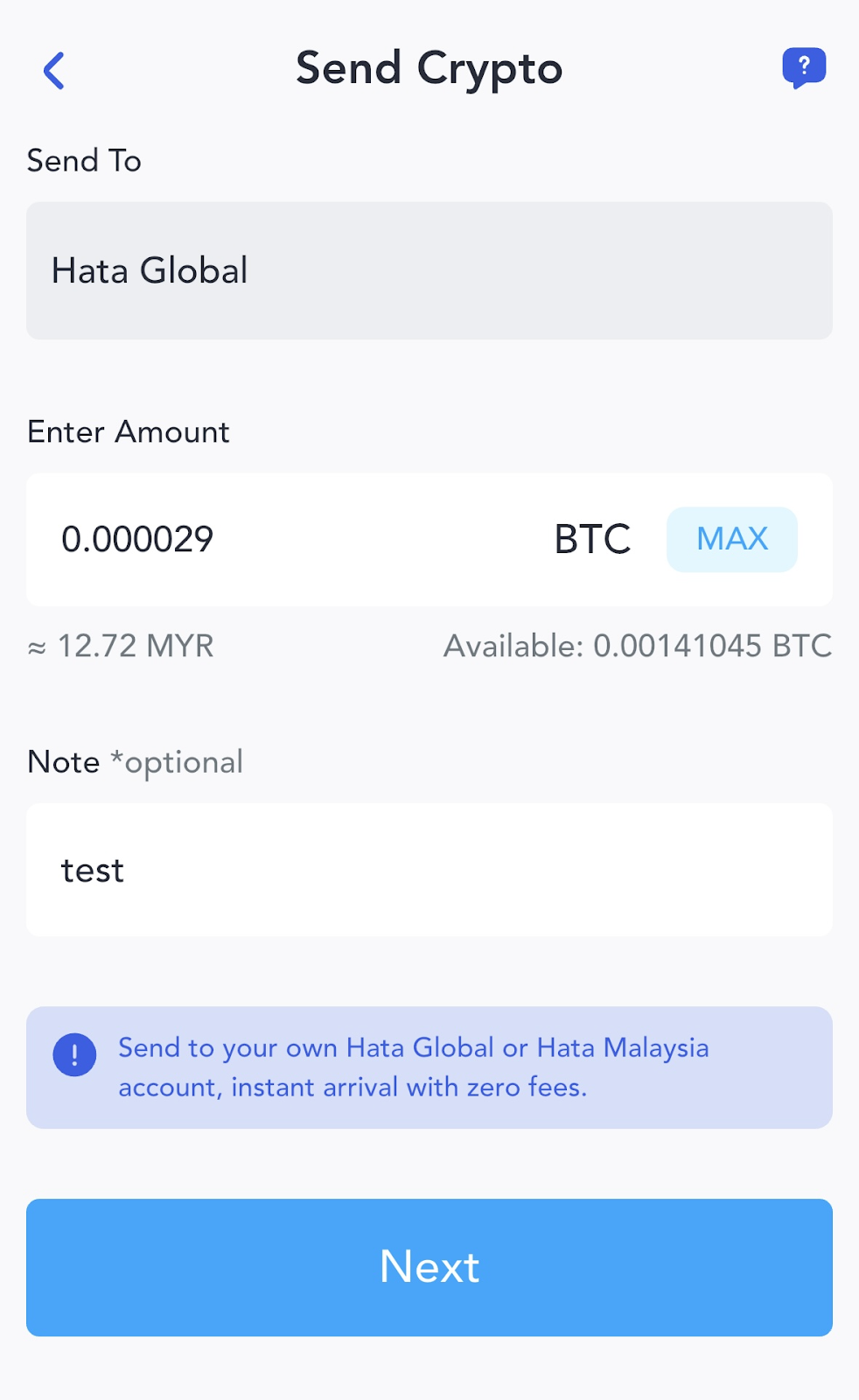 send crypto to hata global