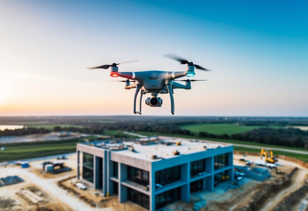 A drone hovers over a construction site, capturing detailed images of the land and structures below. Its high-resolution camera and precise mapping technology revolutionize the way land and construction projects are planned and executed