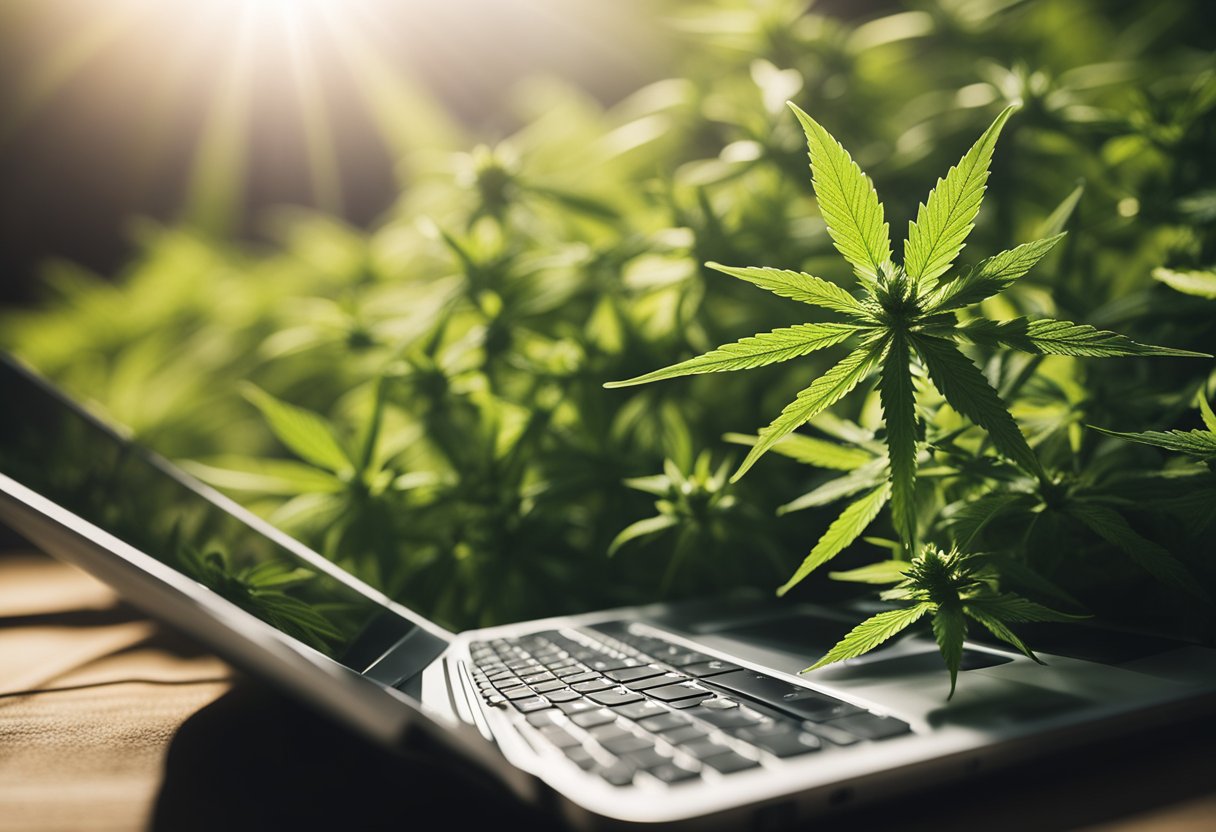 A cannabis plant surrounded by search engine penalty signs, with a spotlight shining on it