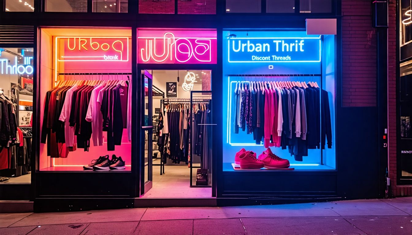 Display window showcasing affordable streetwear clothing from Urban Thrift and Discount Threads.