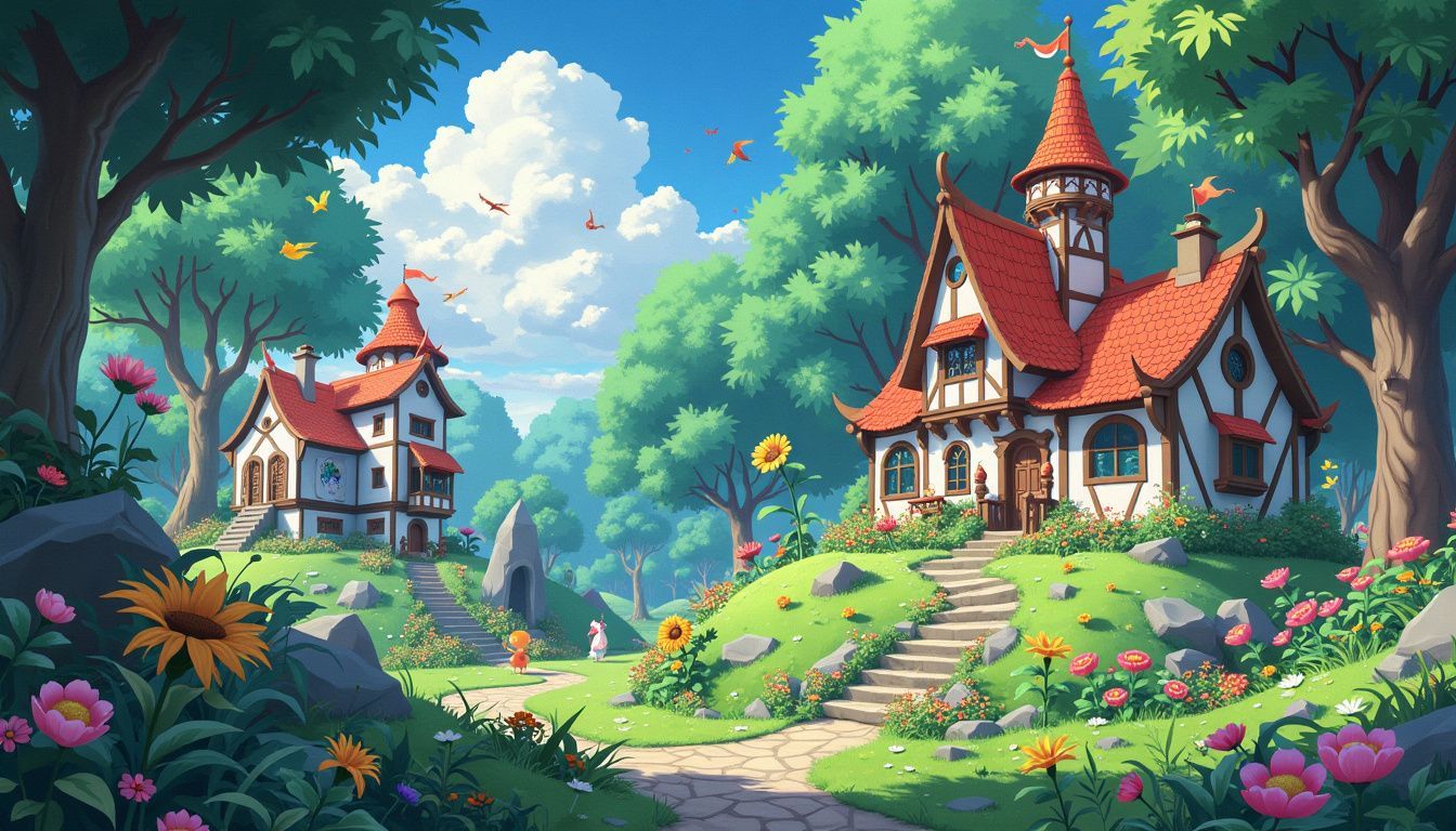 A vibrant fantasy landscape with lush greenery and whimsical creatures. A vibrant fantasy landscape with lush greenery and whimsical creatures.