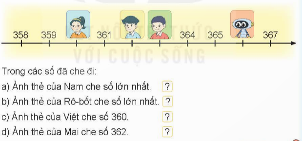 BÀI 54 LUYỆN TẬP CHUNGI.LUYỆN TẬP 1Câu 1: Số? Đáp án chuẩn:Câu 2: Đ, S? Ảnh thẻ của mỗi bạn đã cho một số trên tia số dưới đây:Đáp án chuẩn:Câu 3: a) Số liền trước của số 680 là số nào?b) Số liền sau của số 999 là số nào?c) Số 599 là số liền trước của số nào?d) Số 800 là số liền sau của số nào?Đáp án chuẩn:a) Số 679b) Số 1000c) Số 600d) Số 799Câu 4: Rô-bốt được Nam tặng một bức tranh như sau:Rô-bốt muốn tô màu đỏ cho những quả táo ghi số lớn hơn 365 và tô màu xanh cho những quả táo ghi số bé hơn 365. Hỏi:a) Có bao nhiêu quả táo sẽ được tô màu đỏ?b) Có bao nhiêu quả táo sẽ được tô màu xanh?Đáp án chuẩn:a) 7 quả táo.b) 3 quả táo.Câu 5: >; <; =Đáp án chuẩn:II.LUYỆN TẬP 2