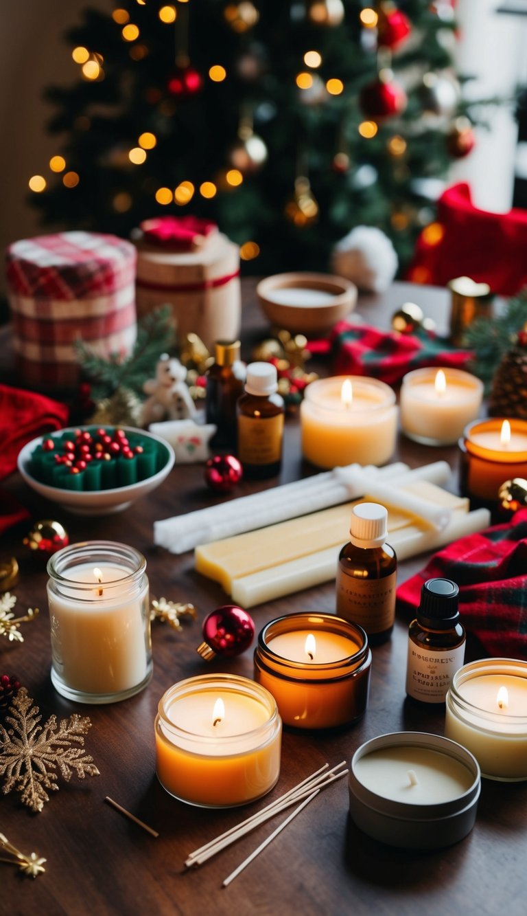 A table with various materials for making scented candles, including wax, fragrance oils, wicks, and jars. Festive decorations and Christmas-themed elements are scattered around the workspace