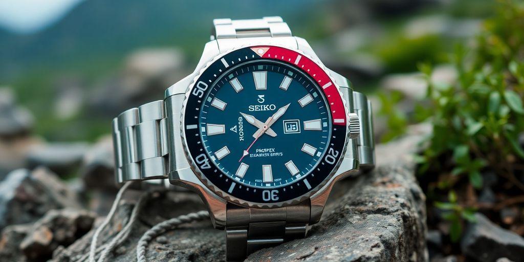 Luxury Seiko Prospex watch on rugged outdoor background.