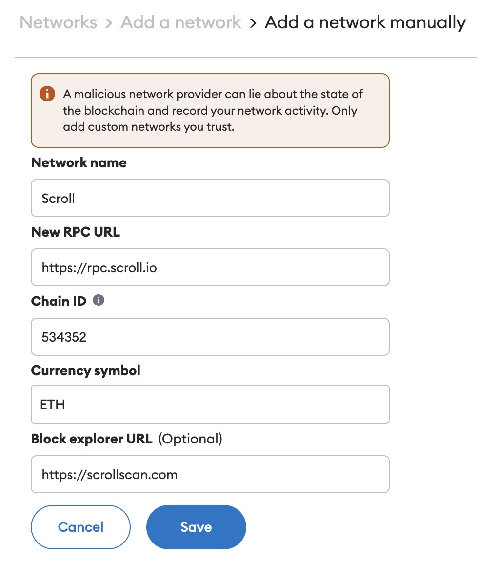 Adding Scroll to MetaMask