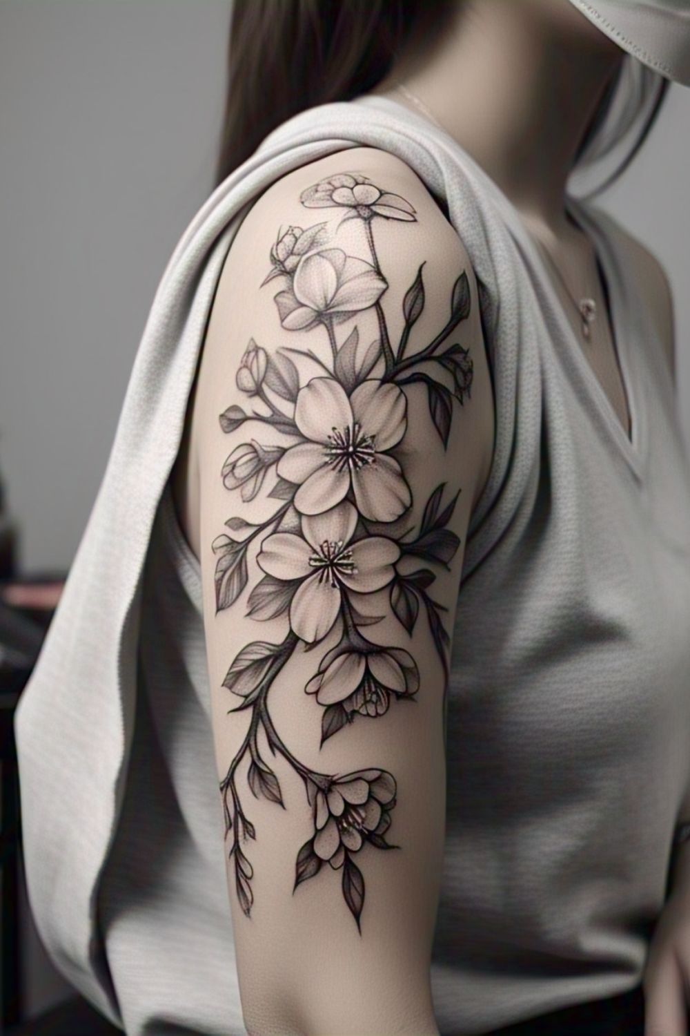 Black & Grey Cherry Blossom Tattoo