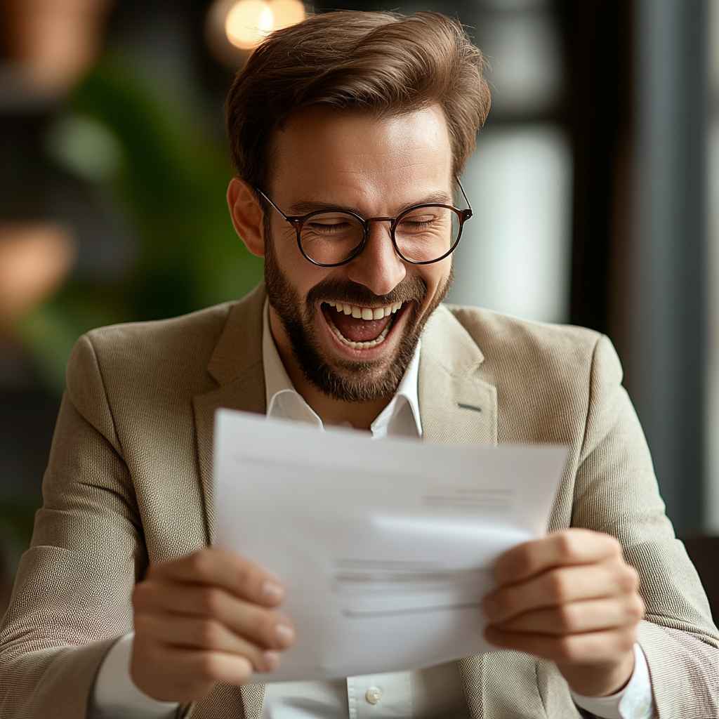 A happy candidate holding a confirmation letter from a company.