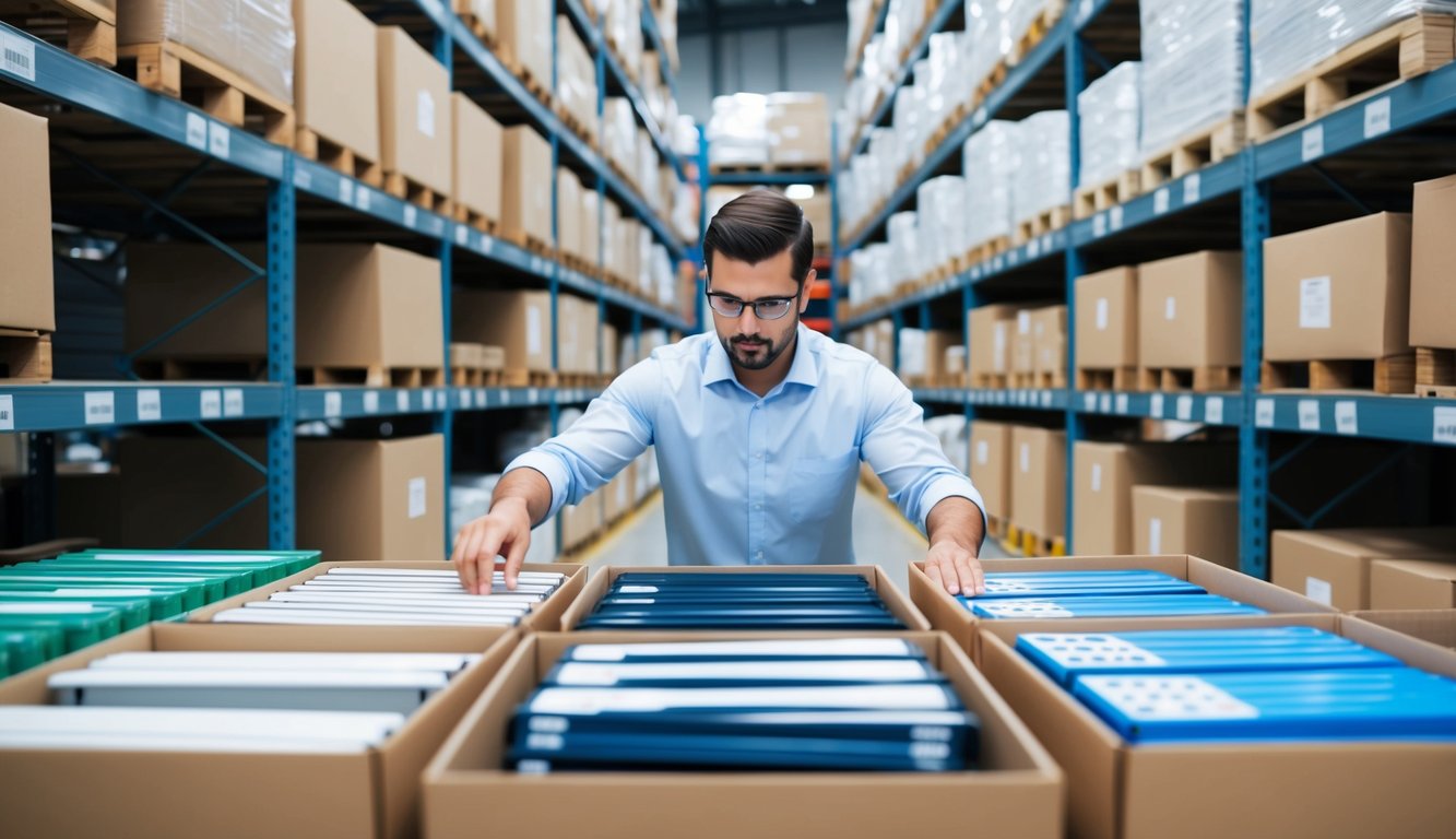 A warehouse manager organizes shelves of returned items, using a digital inventory system to track and optimize stock levels