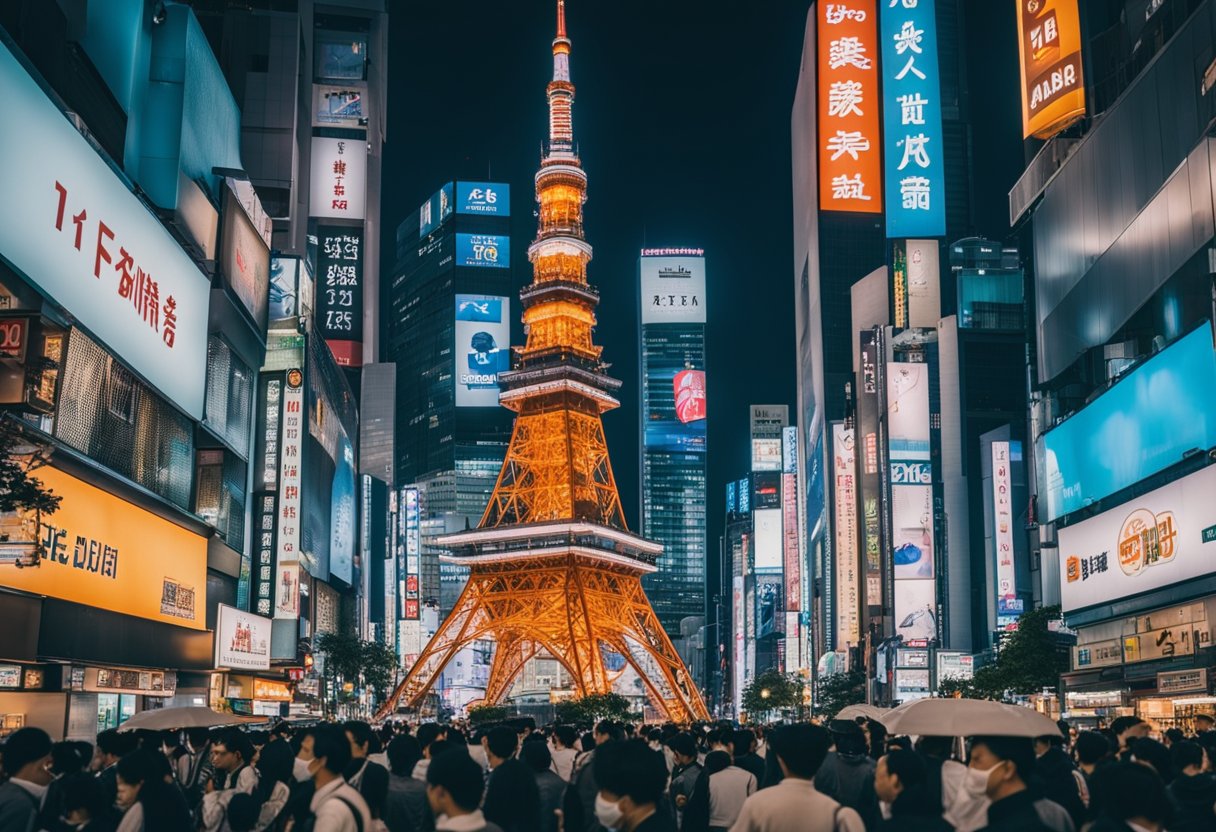 A bustling cityscape with iconic landmarks like the Tokyo Tower and crowded streets filled with neon signs and bustling activity