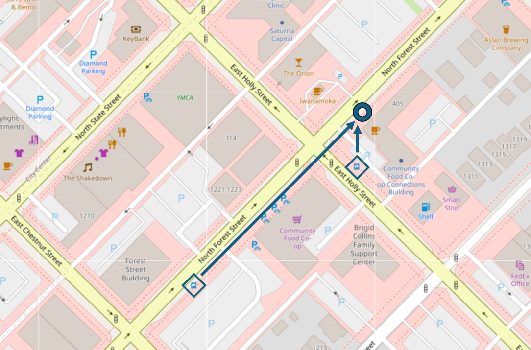 Two WTA bus stops near Community Food Co-Op's Downtown Bellingham location, marked with diamonds, have been relocated and consolidated at a new stop, marked with a circle, on N. Forest Street just north of E. Holly Street. 