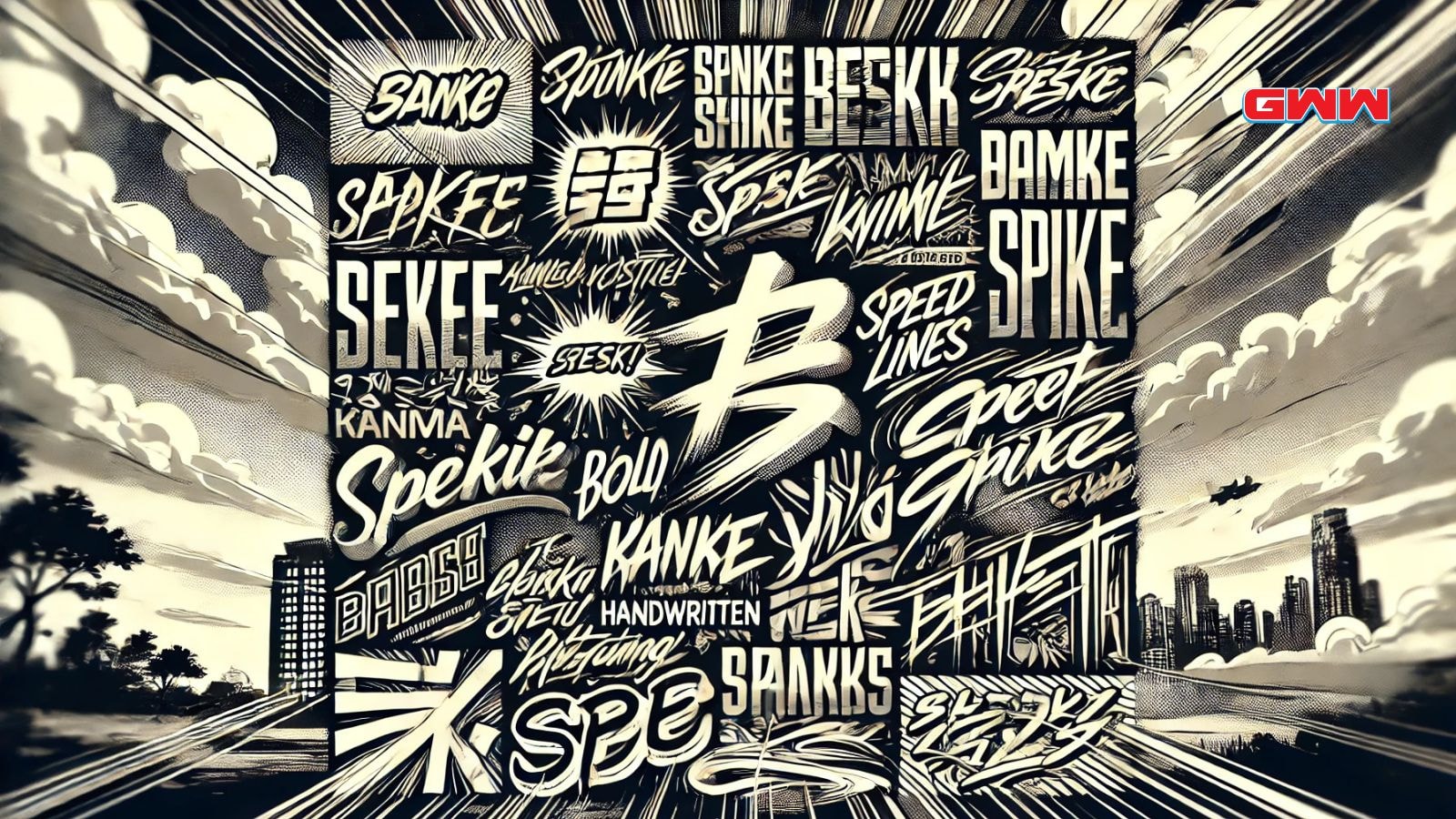 Manga fonts with bold designs showcasing styles like Spike and Sekee